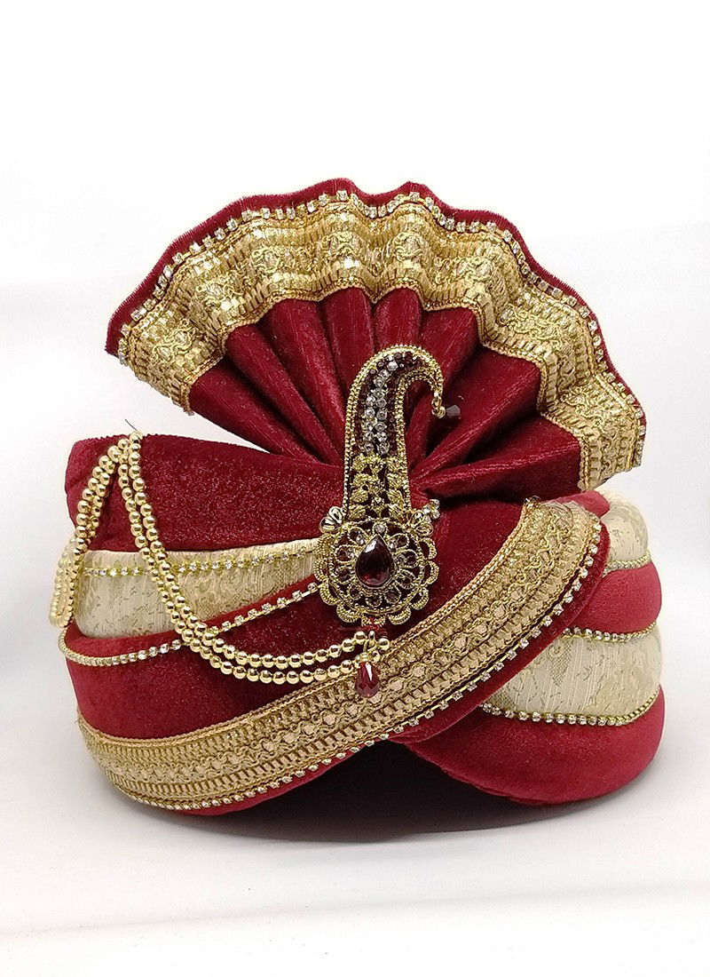 Red And Cream Safa Vol 2 Velvet With Less Wedding Wear Mens Collection Safa 26
